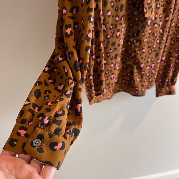 J. Crew Leopard Print Button Front Bow Tie Blouse Size L - Picture 6 of 8